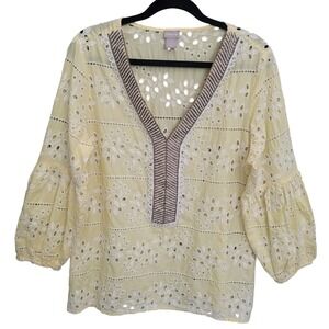 Chico's Yellow‎ Eyelet Beaded V Neck Tunic Top Blouse Women's Large 12